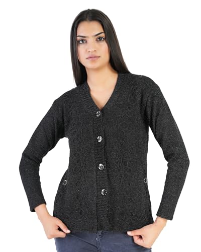 Image of MANRA Women's Woolen V-Neck Buttoned Full Sleeve Cardigan Self Design Soft Wool Fabric Winter Wear Pure Wool Sweater Fully Warm with Front Pockets Stylish Cardigan