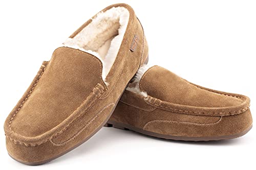 Parfeying Men's Indoor Outdoor Sheepskin Moccasins Slippers Memory Foam Driving Style Shoes