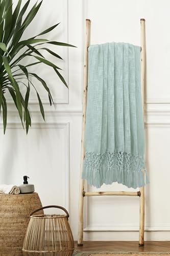 Image of HAKAM Cotton Throw Blanket with Macrame Tassels for 3 Seater Sofa | Ideal for Your Home, Living Room, Sofa, Bed, Chair, Picnic & Used for Gift - 50X70 inch | Light Orange (Light Blue, Small Single)