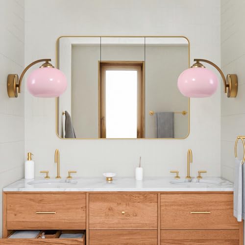 Image of Mid Century Modern Wall Sconce Light Fixture Pink Glass Wall Sconce Lamp Brass Gold Wall Lighting Hardwired Globe Wall Lamp Vintage Bathroom Vanity Light Fixtures