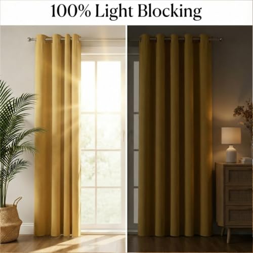 Image of 100% Blackout Window Curtains, 7 Feet, Solid Design, Faux Silk, Thermal Insulated, Noise Reducing Eyelet Door Curtain with Tie Back for Living Room & Bedroom, 115x210cm, Pack of 1 - Yellow