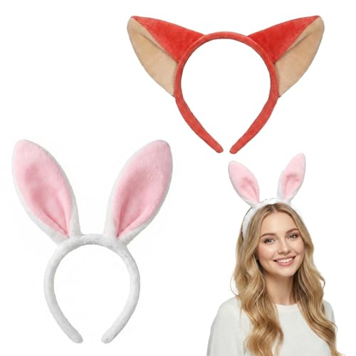 JYXNU 2 Pièces Serre-tête Oreilles de Lapin et Bandeau Oreilles de Renard en Peluche Déguisement Lapin pour Enfants Adultes Accessoires de Costume Pâques...