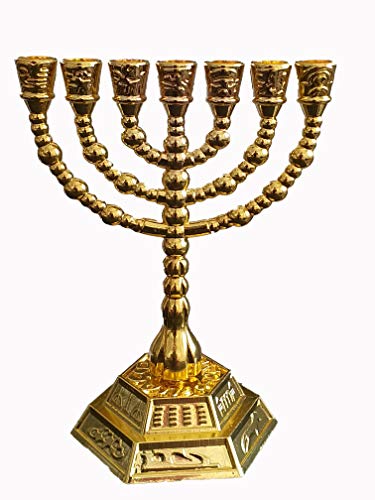 Jerusalem Large 12 Tribes of Israel 7 Branch Temple Menorah Gold 8"