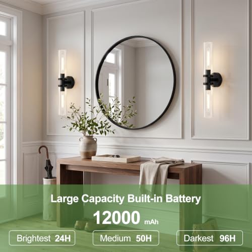 Image of Battery Operated Wall Sconces Set of Two, Matte Black Wall Light fixtures with Wireless Remote Control，Rechargeable Dimmable Wall Sconces with 3000K Bulbs for Bathroom Mirror Living Room Bedroom
