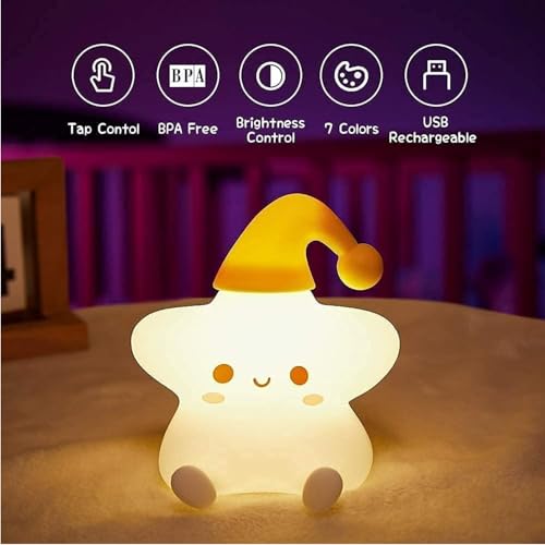Image of Soft Silicone Star Night Light, 7-Color Breathing Modes, Rechargeable & Portable Bedside Lamp for Kids, Birthday Gift for Girls, Babys, Childrens Bedroom & Gift Decor