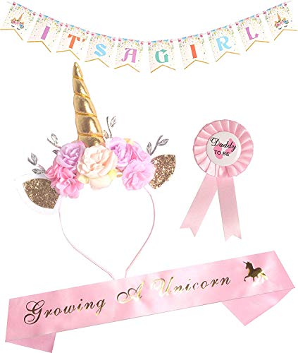 MEANT2TOBE Mommy To Be Unicorn Headband Pink Set, Growing a Unicorn Sash and Pin, Christmas Gifts,Pink Baby Shower Party Favors Decorations Gift for Girl