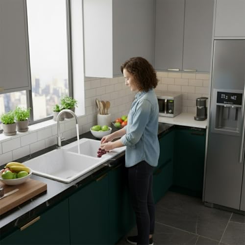 Image of ARQUIN Double Bowl Quartz Kitchen Sink 34x20x9 Inch Rosa | Durable & Scratch-Resistant Sink | Undermount,Topmount | Including Coupling,Sink Connector,Waste Pipe & Fruit Washing Basket