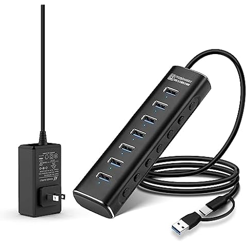 Powered USB Hub, Rosonway 7 Ports USB 3.1/3.2 Gen 2 Hub 10Gbps with 3.3ft USB-A/USB-C Data Cable, Individual Switches and 24W Power Adapter, Aluminum USB C Hub for Laptop and PC, RSH-A107 Cover