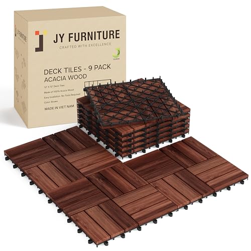 9 PCS Interlocking Deck Tiles 12' x 12'- Acacia Wood Deck Tiles for Indoor & Outdoor Use, Drainage, Non Slip, Easy Installation - Patio Flooring Outdoor Waterproof (Brown)