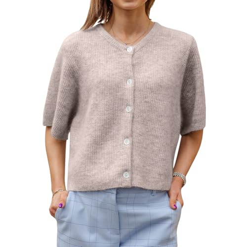 Image of Women Knitted Crop Cardigan Shirt Y2k Short Sleeve Cardigan Button Up Rib Knit Elegant Loose Fit Sweater Tops