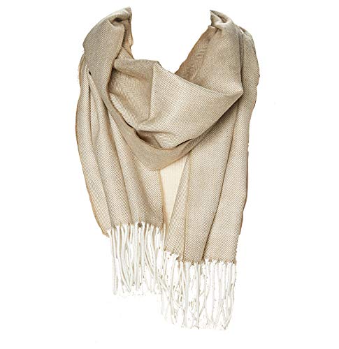 2 PLY 100% Cashmere Scarf Elegant Collection Made in Scotland Wool Solid Plaid Men Women (Ivory Herringbone Tweed)