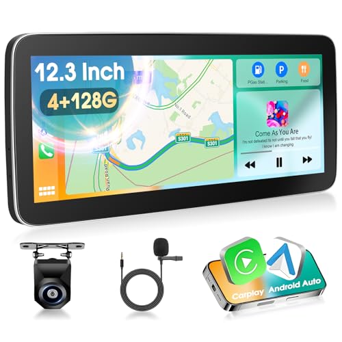 Motorsi 2 DIN 4G+128G Autorradio 12.3’’ 1280P Estéreo con Sistema Android 15, A-pple Carplay Android Auto GPS Bluetooth 5.0 WiFi FM/RDS 2USB Incluye Cámara De Marcha Atrás AHD, Micrófono