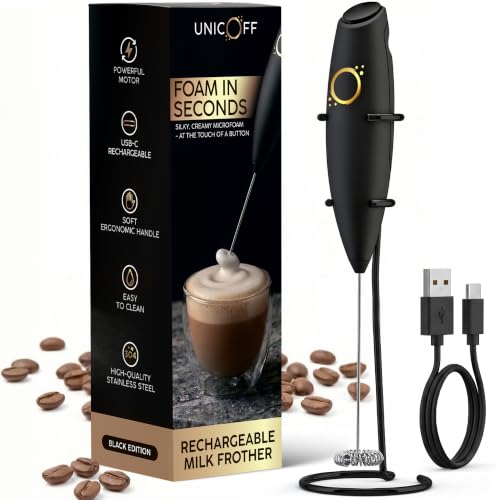 Unicoff Rechargeable Milk Frother Handheld, USB-C Coffee Mixer, Matte Black