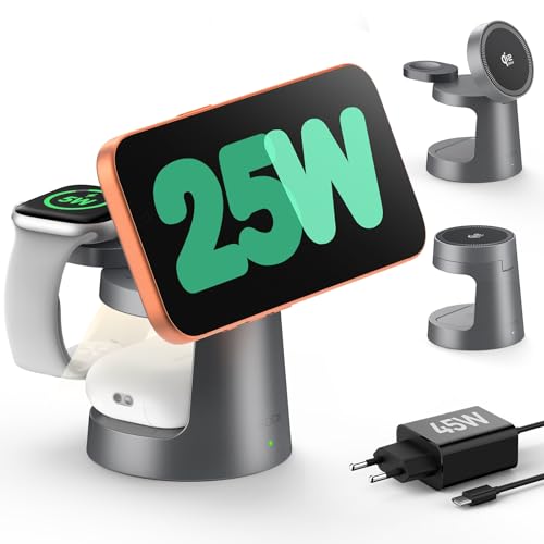 Station de charge 3 en 1 induction 25W rapide pour iPhone 17 et Apple Watch avec adaptateur 45W
