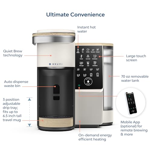 Image of BRUVI Single-Serve Coffee Maker Bundle | Brews Coffee, Espresso, Cold Brew, Matcha Green Tea & More | Includes Brewer + 20 Variety Pods | Touchscreen, WiFi, 70 oz Tank | Cream