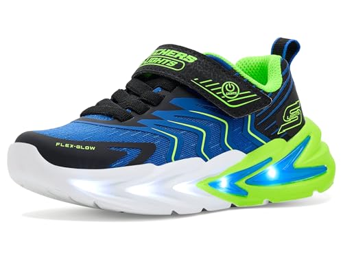 Skechers Flex-Glow Ultra Light-Up Athletic Sneakers - Sport Shoes, Black & Blue Synthetic/Textile/Lime Trim, 11