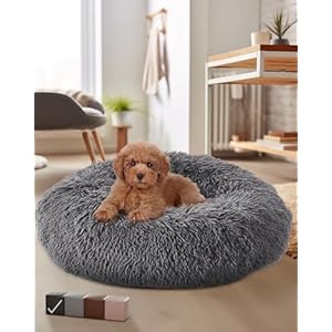 Calming Donut Dog & Cat Bed – 23″ Waterproof, Zipper Cover, Plush Polyester – Soothing Support for Muscle Pain, Machine Washable, Cuddling Design for Sound Sleep, Small Pet Bed (Dark Gray)
