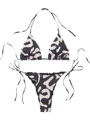 SHENHE Women's 2 Piece Smocked Triangle Bikini Sets Halter Drawstring Side Cute Swimsuits