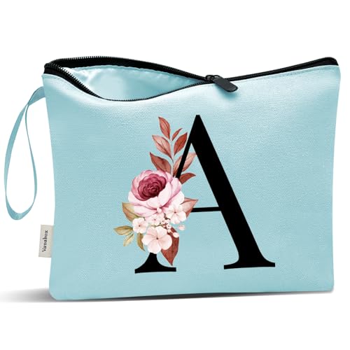 Image of Vavabox A-Z Personalized Makeup Bag, Birthday Gifts for Women Mom, Gifts for Best Friend, Bride Bridesmaid Cosmetic bag (A, Aqua)
