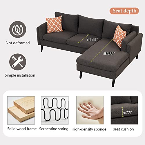 Merax 84.65" Modern Upholstered L-Shape Sofa With Chaise, 2 Pillows, And Rubber Wood Legs, Couch For Living Room, Apartment, Small Space, Brown #TOP2