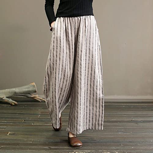 Women Cotton Linen Pants Wide Leg Striped Plus Size Pant High Waist Loose Comfy Trousers Casual Summer Fall Sweatpant2