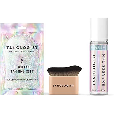 Tanologist Flawless Tan Bundle - Vegan and Cruelty Free - Hydrating Sunless Tanning Mousse (6.76 Fl Oz, Medium), Flawless Tanning Mitt, and Blending Brush Cover