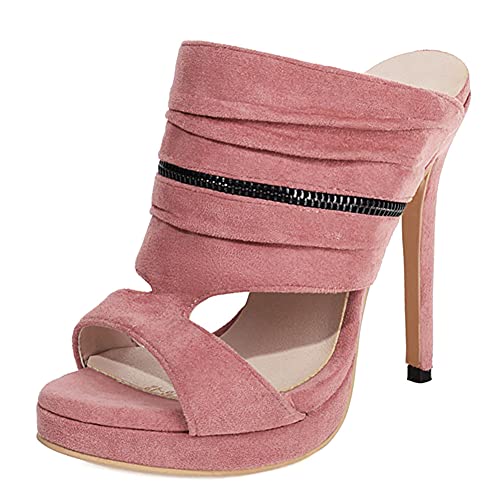 Zoducaran Damen Sommer Schuhe Stiletto Hohe Ferse Mode Mules Sandalen Slip On Plateau Slide Schuhe Peep Toe Evening Heels Suede Pink Mini Size 50 Cover