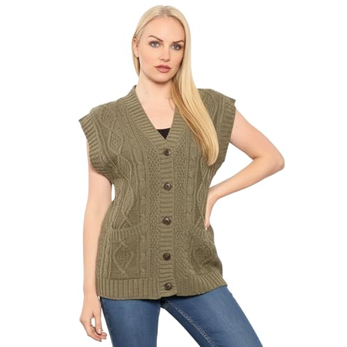 LUXFAB Women's Sleeveless Cable Knit Cardigan Girl’s 5 Button Grandad Vest Chunky Knit Waistcoat Winter Layering Piece | Casual Knitted Sweater Khaki