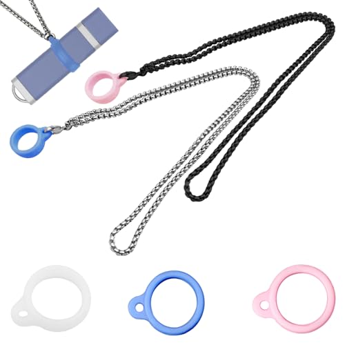 2pcs Metal Vape Lanyard (Silver and Black) and 3pcs Silicone Anti-Slip Vape Holder (Transparent, Pink, Blue) Anti-Lost Vape Lanyard Neck Holder for Various Flat Cigarettes Pen