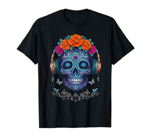 Tête de Mort Calavera Bleue avec Casque Audio et Fleur T-Shirt
