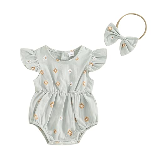 Image of FOMOYUU Newborn Baby Girls Daisy Printed Clothes Pleated Ruffled Sleeve Bubble Romper Cute Summer Outfit with Headband