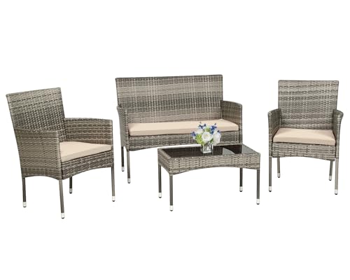 Image of PayLessHere Outdoor Furniture Set 4 Pcs Modular Patio Furniture Set Water Resistant Conversation Set with 3 Rattan Chairs 1 Tempered Glass Topped Table for Patio Poolside, Gray Wicker /Khaki Cushions