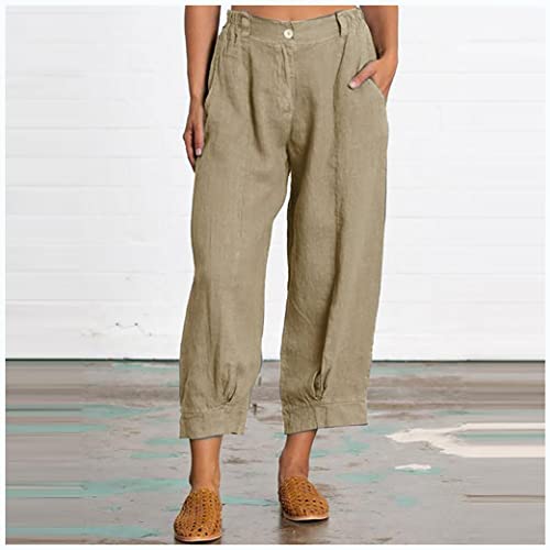 Akivide Womens Linen Baggy Elastic Waist Cropped Pant Loose Casual Comfy Straight Leg Beach Capri Linen Pant with Pockets2
