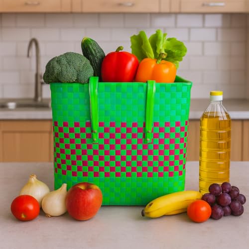 Image of Hand Made Multipurpose Plastic Basket with Lid | Eco-Friendly, Washable, Rust-Free Storage Basket for Kitchen, Picnic, Toys, Travel, Office | Lightweight basket (Green with Pink, L)