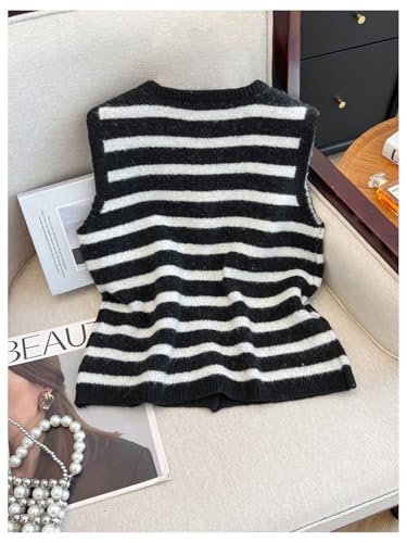 Image of RoseSeek Women's Button Down Sweater Vest Sleeveless Crewneck Knit Outerwear Old Money Knitwear