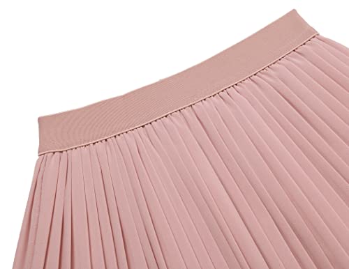 Hopeac Girls Chiffon Pleated Skirt High Waist A-Line Solid Skater Flared Midi Skirt Pink #TOP4