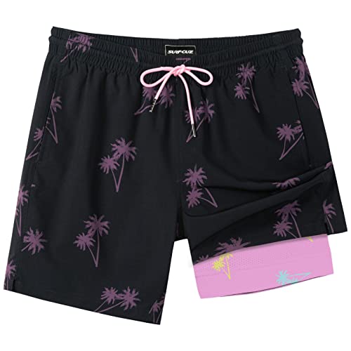Image of SURF CUZ Mens Swim Trunks with Compression Liner Swim Shorts 7 inch Swimming Trunks Stretch 7 Inch Swim Suits Quick Dry