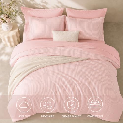 Image of Monbix Full Size Comforter Sets-7 Pieces Soft Bed in a Bag Full Bedding Set | Hot Pink Vertical Ticking Stripe Lightweight All Season Comforter Set with Sheets, Pillowcases & Shams