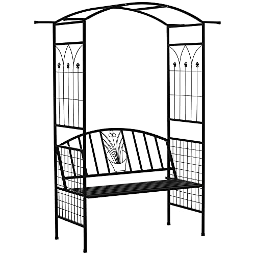 Outsunny Metal Garden Bench with Arch Arbour, Outdoor Patio Loveseat Bench Seat with Rose Trellis...