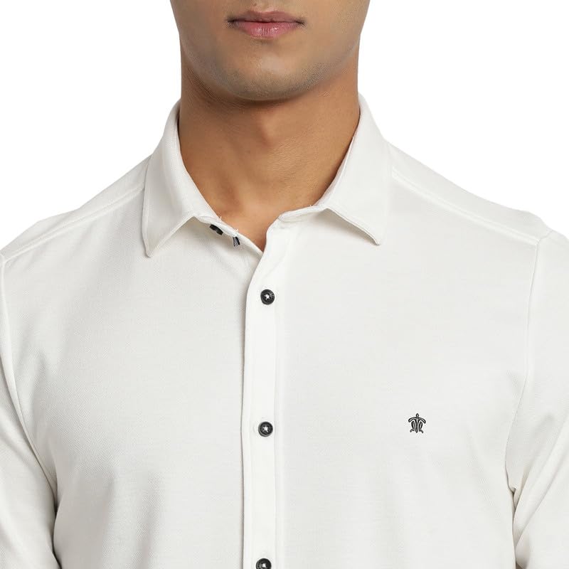 Image of Turtle Men White Knitted Printed Slim Fit Casual Shirts
