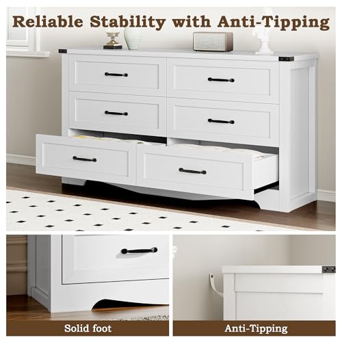 Image of BORNOON 6-Drawer Dresser for Bedroom, Modern Wooden Chest of Drawers with Metal Handles, Anti-Tipping Design, Sturdy and Stable Storage Organizer for Living Room, Entryway, Home Office