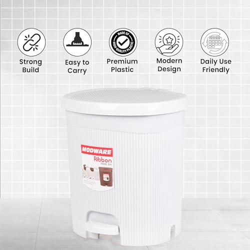 Image of MODWARE Premium Plastic Pedal Dustbin with Removable Bucket, PP Polypropylene, Hands-Free, Grey, for Kitchen, Office, College (White)