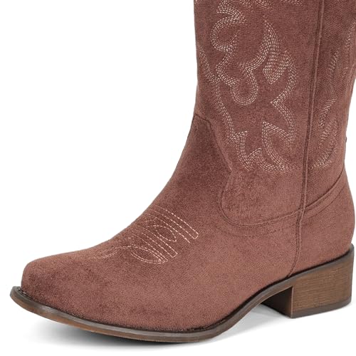 Image of IUV Cowboy Boots For Women Square Toe Wide Mid Calf Western Pull On Suede Fashion Black Brown Cowgirl Boots