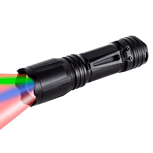 LUXNOVAQ LED Tactical Flashlight Hunting Light with Red Green Blue White 4 Color in 1, Zoomable Night Vision Flashlight Waterproof Outdoor Torches for Fishing Hog Coon Coyote(Batteries Not Included)