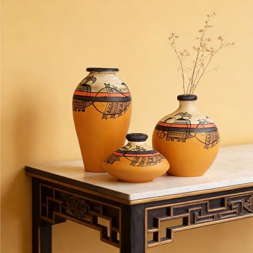 Image of Aakriti Art Creations Vase Earthen Miniatures Yellow Madhubani Set of 3 | Hand-Painted Terracotta Flower Vases | Matte Finish Decorative Vases for Living Room, Table Decor & Gifting