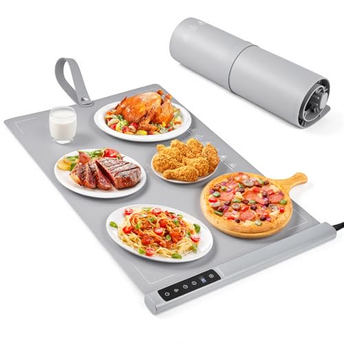 LustLocke Warmhalteplatte Silikon, Elektrischer Speisenwärmer mit 5 Einstellbare Temperaturstufen, Warmhalteplatte Elektrisch Tragbare, Warmhalteplattes Faltbar für Warm Halten, Auftauen(Silbergrau)