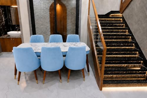 Image of WOODEN SPACE 6-Seater Wooden Dining Table Set | Nano Composite Marble Top | Solid Wood Base | Modern Dining Room Furniture with 6 Chairs (Blue Frontline)