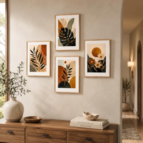 Image of Livin'luxe Set of 4 Botanical Leaf & Floral Wall Paintings with Sparkle Laminate and Premium Wooden Synthetic Frame for Living Room Bedroom Office Decor (13.5 x 19.5 Inch)