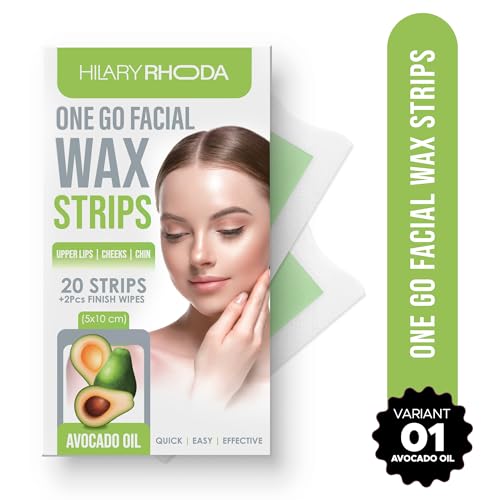 Image of Hilary Rhoda Women One Go Facial Wax Strips | Avocado Oil Extract | Ready-to-Use for Upper Lip, Chin & Cheeks | Hair Removal Strips with 2 Wipes | Painless, Quick & Gentle Waxing | 20 Strips