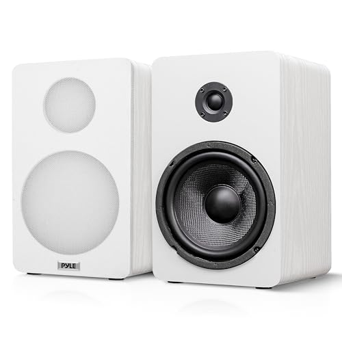 Image of Pyle 6.5 inch Bookshelf Speakers - Pair of Wired Bookshelf Speakers with Wall Mount Brackets, 2-Way HiFi Home Theater with Fiberglass Cone, Soft Dome Tweeter, Compact Design, 11.7 inch x 7 inch x 6.5 inch, White